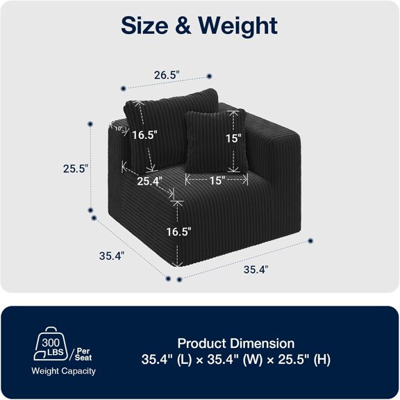 35.4 Inch Right-Arm  Sofa  with Coil Support and Corduroy Fabric for Living Room
