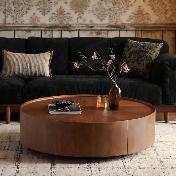 Dokea 35.4 Inch Round Coffee Table, Walnut Finish - Modern Circular Design for Living Room & Bedroom - Coffee Tables