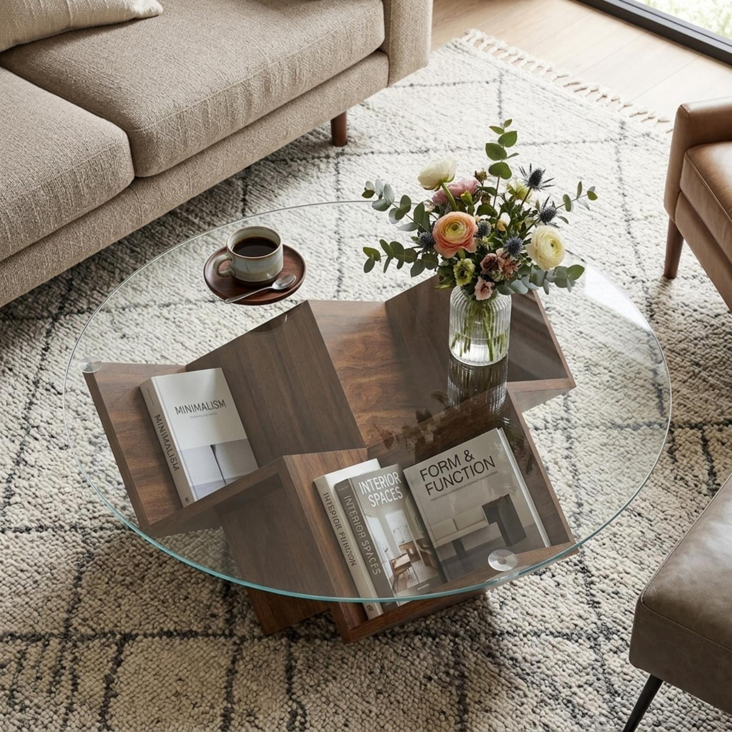 35.4-Inch Round Coffee Table with Tempered Glass Top and Geometric Art Deco Base, Storage Shelf Table and Center Table for Living Room, Walnut