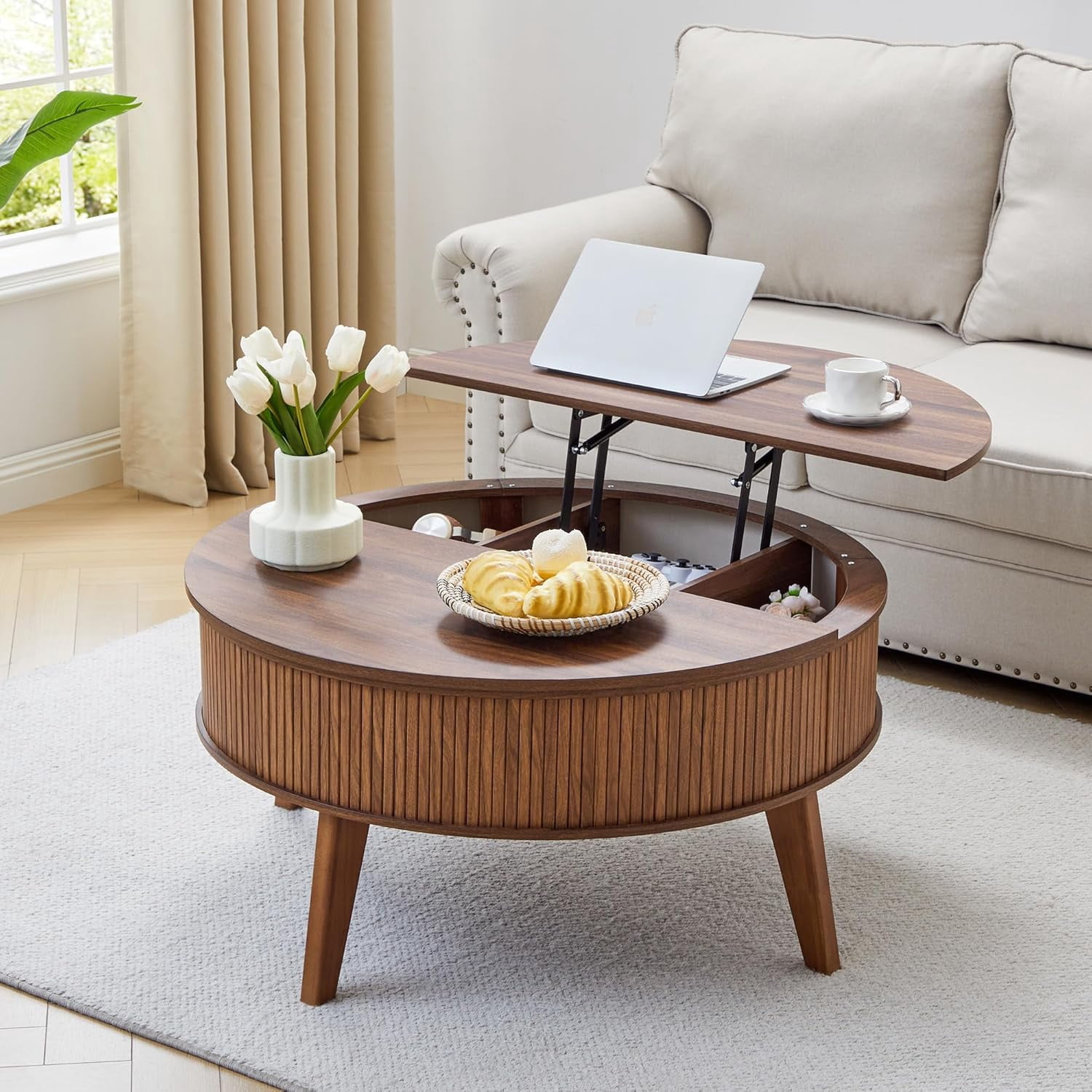 35.4-Inch Round Lift Top Coffee Table with Fluted Design and Hidden ...