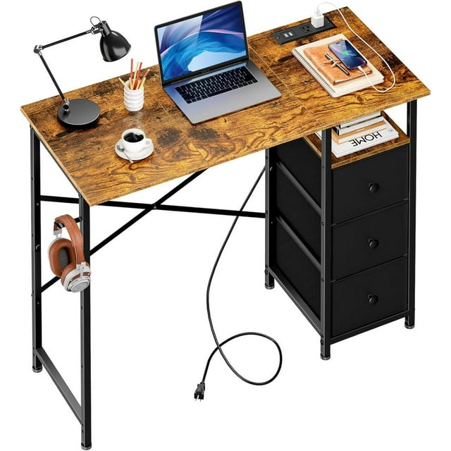 35.4 Inch Small Computer Desk with 3 Fabric Drawers and Power Outlet