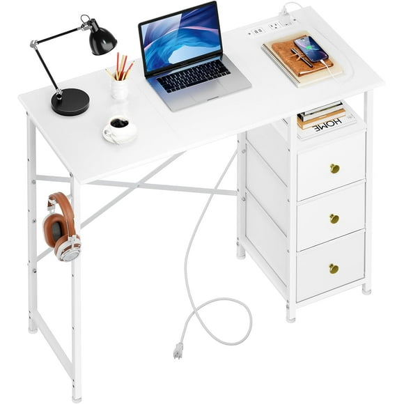 35.4 Inch Small Computer Desk with 3 Fabric Drawers and Power Outlet, Home Office Desk for Small Spaces, Makeup Desk with Storage Shelf, Kids Girls Teen Study Writing Desk for Bedroom, White