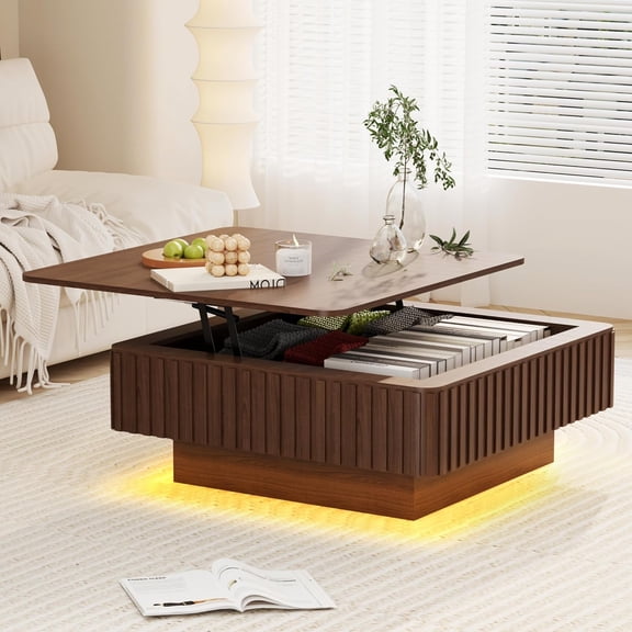 35.4-Inch Square Fluted Lift Top Coffee Table with LED Lights and Charging Station, Walnut Center Table for Living Room