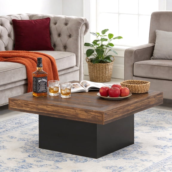 35.4 Inch Square Led Coffee Table Rustic Industrial Farmhouse Living Room Cocktail Table Sturdy Waterproof Easy Assembly (Rustic Brown & Black)