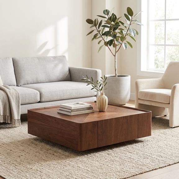 35.4-Inch Square Walnut Coffee Table with Storage Drawers - Modern Retro Living Room Furniture