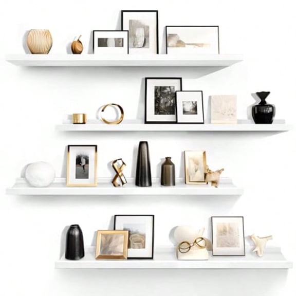 35.4-Inch White Floating Shees for Wall Storage Set of 4 - Modern Minimalist Picture Ledge Shelf Wall Decor for Kitchen Bedroom Bathroom and Living Room Large Floating Shees