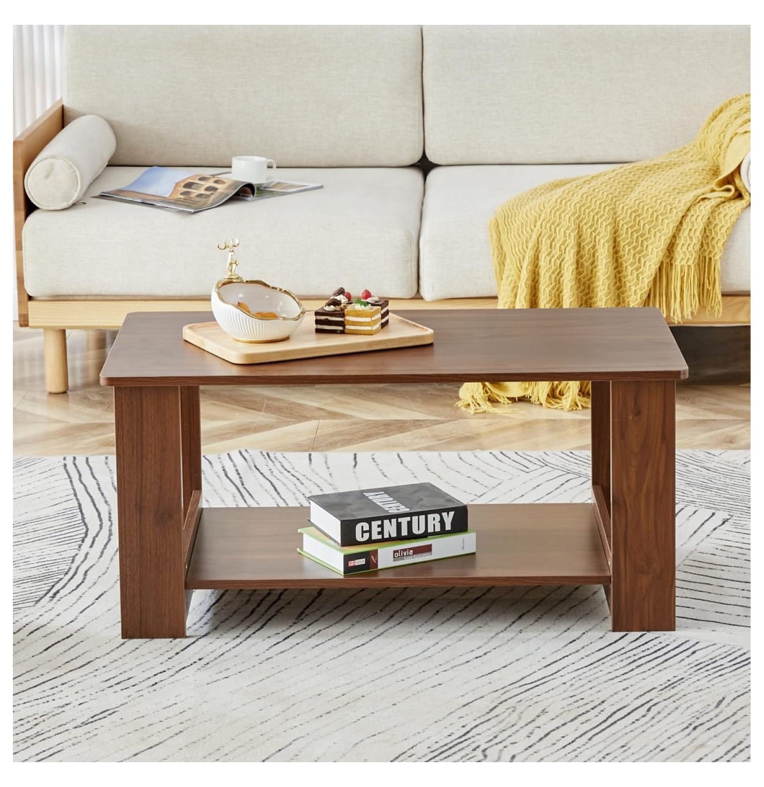 35.4" L Farmhouse 2 Tier Rustic Coffee Table with Storage Shelf, Double ...