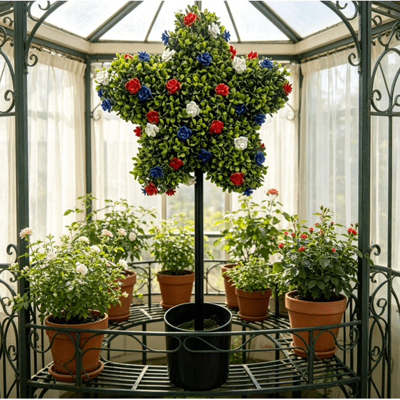 35.4" Large Artificial Five-Pointed Star Shaped Patriotic Topiary Trees – Star-Shaped Faux Shrub with Mixed Color Roses for Summer Holiday Party and Event Decoration 90cm A