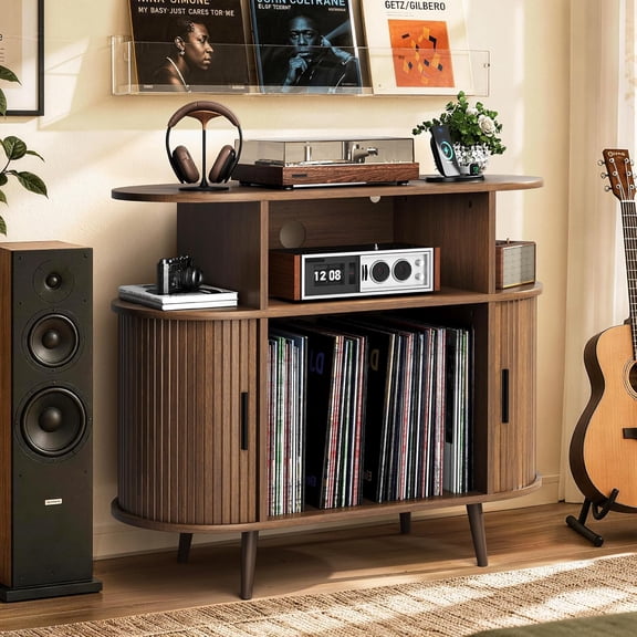 35.4" Large Round Record Player Stand with Charging Station, Mid Century Modern Record Storage Cabinet Holds 300+ Albums, Vinyl Turntable Table with USB & Type-C Ports for Living Room, Walnut