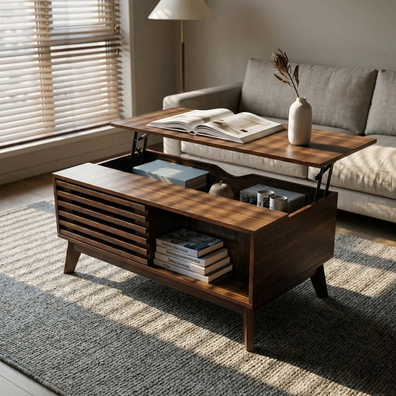35.4" Lift Top Coffee Table with Storage, Mid Century Modern Coffee Table with Sliding Door & Hidden Compartment, for Living Room, Walnut