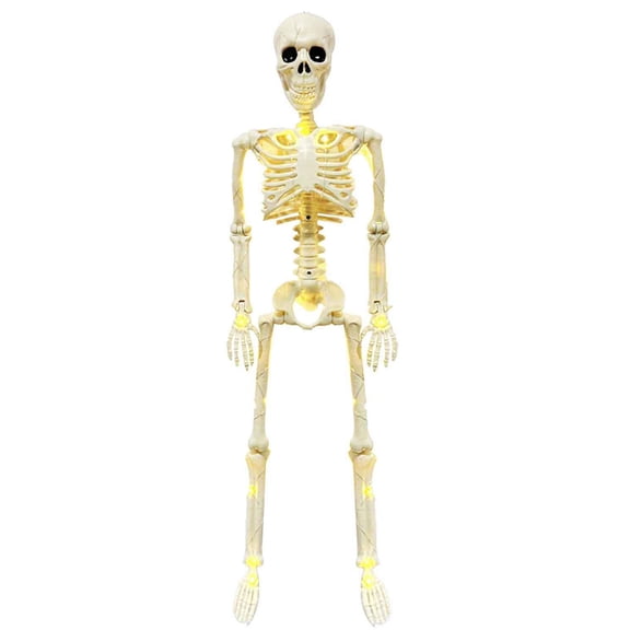 35.4" Light Up Poseable Full Body Skeleton, 90cm Movable Joint Halloween Skeleton Prop, Hanging Standing Decor for Haunted House Escape Room
