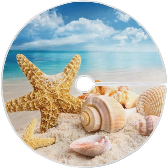 35.4" Lovely Christmas Tree Skirt, Small Mini Tree Skirt Ornament with Christmas Santa Claus Elk Moon House for Party Holiday Home Christmas Decorations (Starfish Seashells)