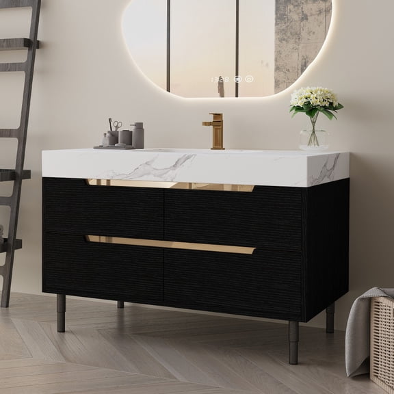 35.4" Modern Bathroom Vanity with Undermount Sink, Sintered Stone Top, Waterproof Multi-layer Solid Wood, 4 Drawers Storage, Free-standing/Wall-Mounted