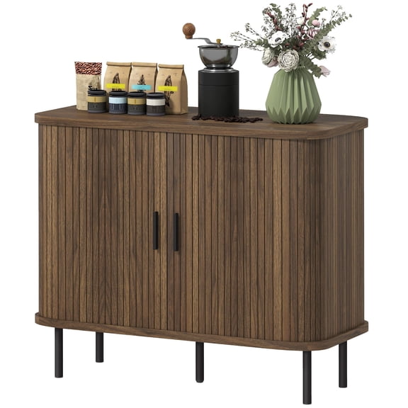 35.4" Modern Buffet Cabinet with Slatted Doors, Walnut Coffee Bar Console with Metal Legs and Storage, Scandinavian Sideboard