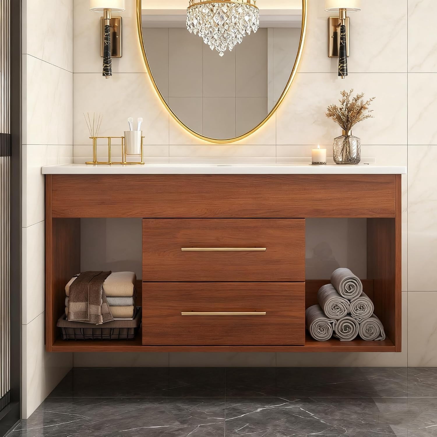 35.4" Modern Floating Bathroom Vanity with Sink, Wall Mounted Solid Wood Bathroom Cabinet with Ceramic Sink, 2 Soft Closing Drawers & Open Storage Shelves, Bronze Metal Handle, White+Walnut