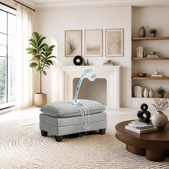35.4" Ottoman, Waterproof Upholstered Footstool with Soft Cushion, Versatile Seating for Living Room, Bedroom, Light Gray