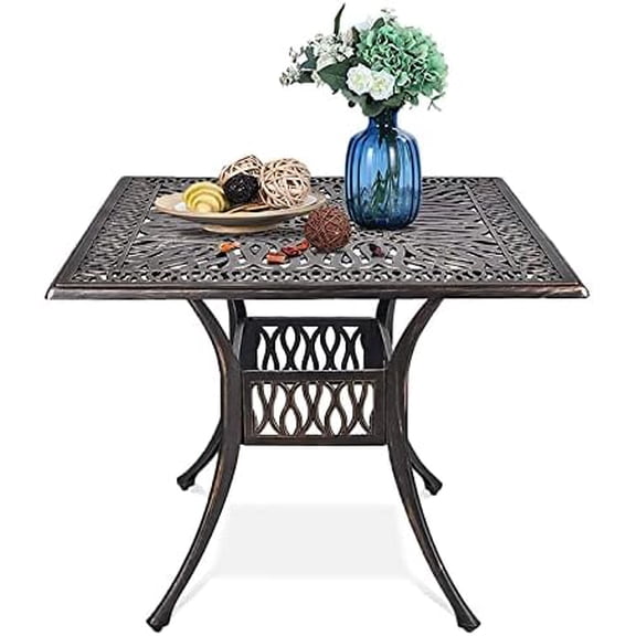 35.4" Outdoor Patio Bistro Dining Square Table Weather Resistant Cast Aluminum Conversation Table with 2.2" Umbrella Hole for Backyard, Garden, Poolside, Balcony (Classic)$$Garden & Patio