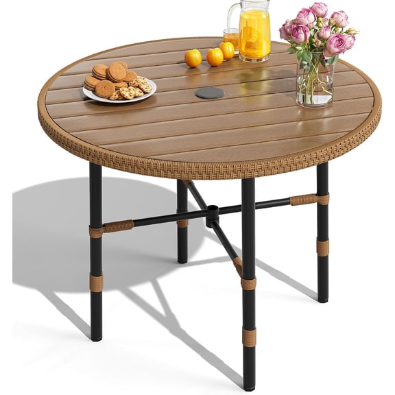 35.4'' Outdoor Round Table with 2.2" Umbrella Hole, Patio Dinning Table for Bistro, Lawn, Backyard, Garden, Porch and Poolside