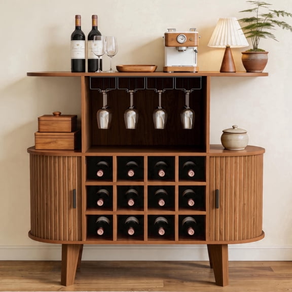 35.4" Oval Wine Bar Cabinet with 12-Bottle Racks and 4 Glass Holders, Small Coffee Bar Cabinet with Sliding Tambour Door for Home, Kitchen & Living Room,Walnut