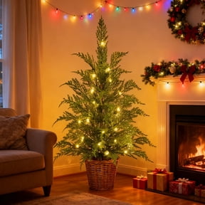 35.4" Pre-Lit Artificial Christmas Cypress Tree with Woven Basket Base, Lifelike Cypress Potted Xmas Tree With Warm White LED Light, Battery-Operated Twinkle Potted Tree for Home Decoration