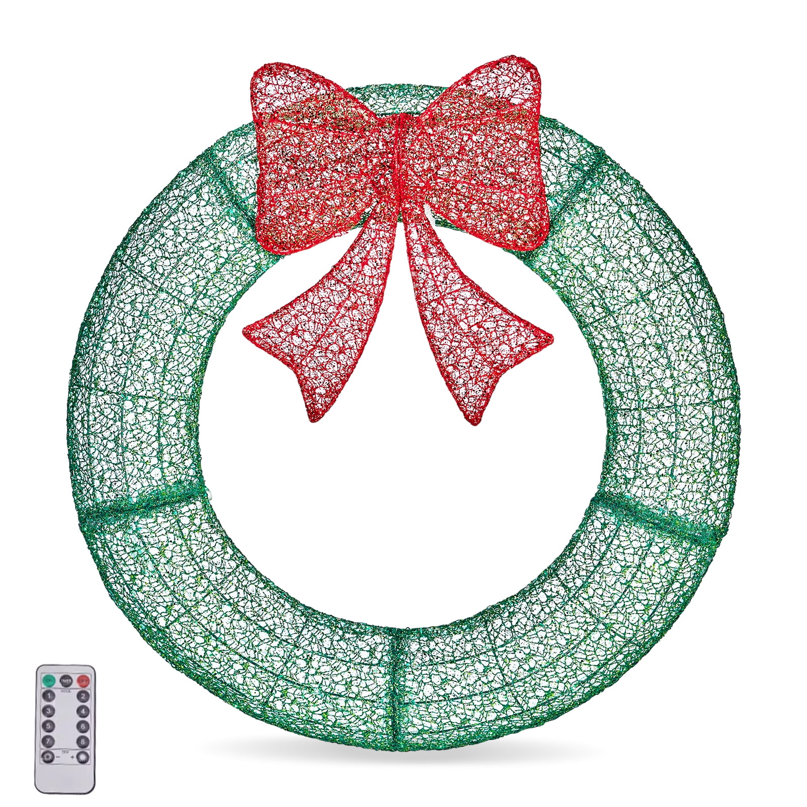 35.4" Pre-Lit Outdoor Christmas Wreath with Red Bow, 225 Red Green LED Lights Remote Control Timer Weather-Resistant Metal Frame for Indoor Outdoor Front Door Porch Gate Holiday Decor