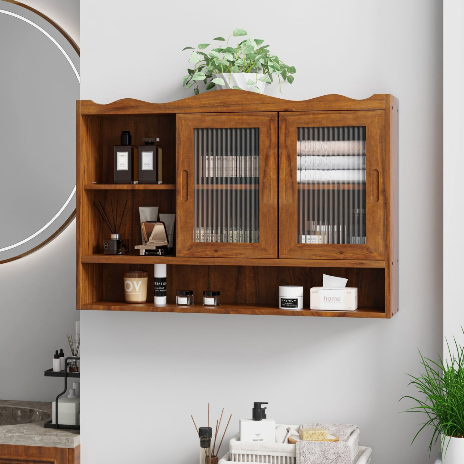 35.4" Retro Wall Mounted Storage Cabinet with 2 Sliding Glass Doors, 3 Tier Wooden Shelves, Space Saving Display Cupboard for Bathroom Kitchen Dining Room, Brown