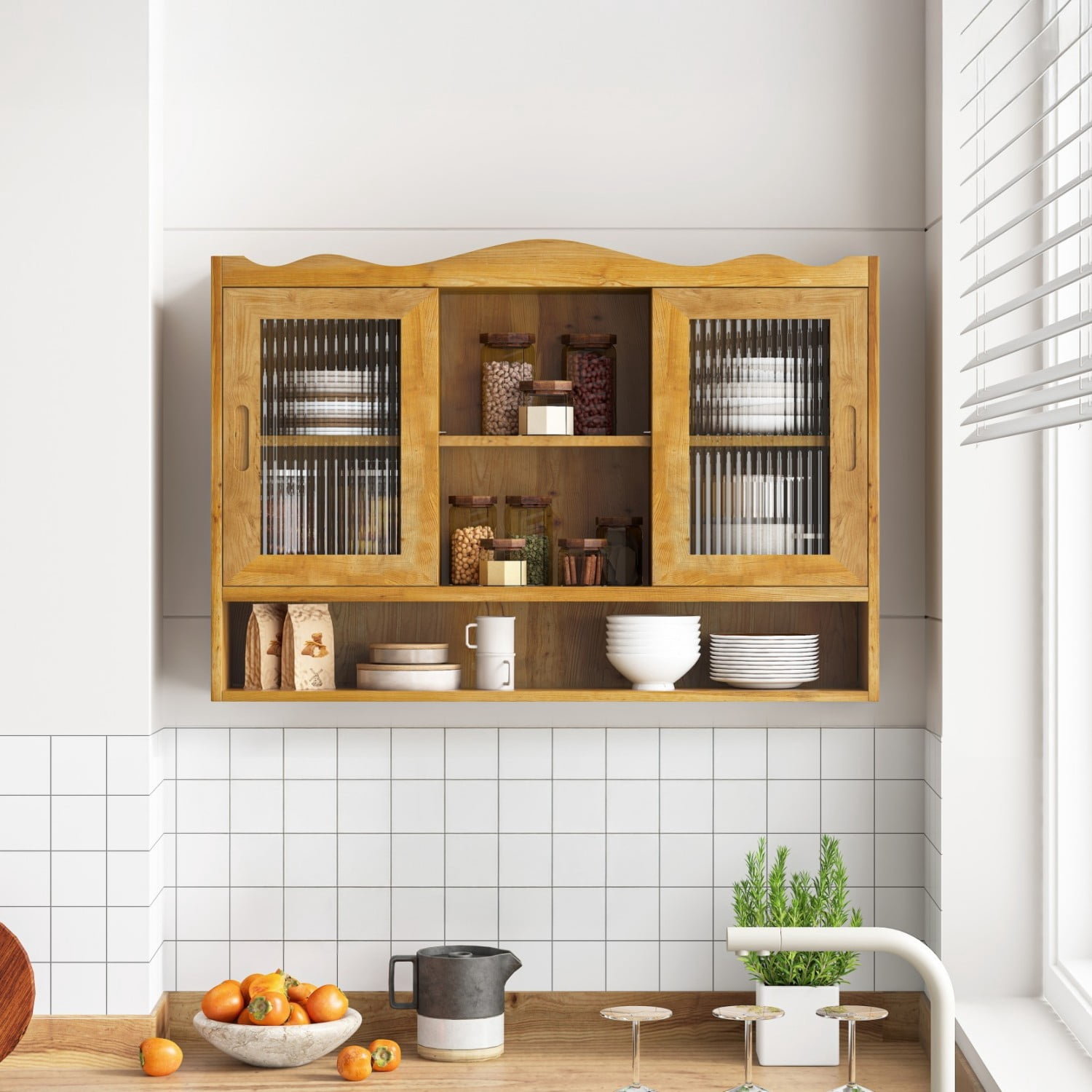 35.4" Retro Wall Mounted Storage Cabinet with 2 Sliding Glass Doors, 3 Tier Wooden Shelves, Space Saving Display Cupboard for Bathroom Kitchen Dining Room, Natural