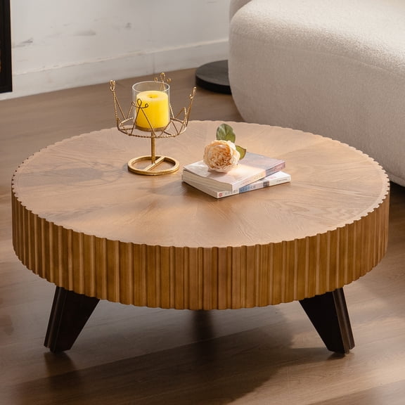 35.4" Round Coffee Table With Build - Solid Wood & Materials Natural For Legs Surface