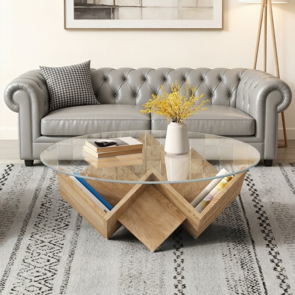 35.4" Round Coffee Table with Tempered Glass Top, Geometric Design Accent End Table with Abstract Art Deco Storage Shelves Base