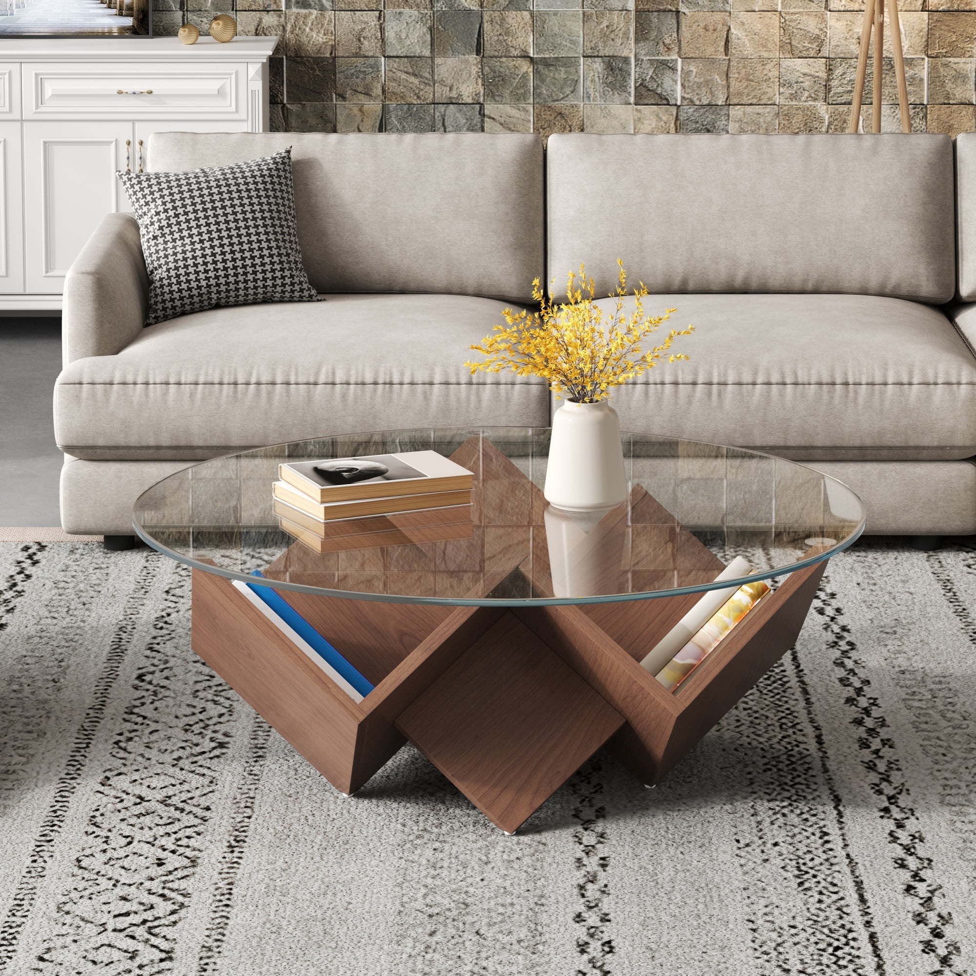 35.4" Round Coffee Table with Tempered Glass Top, Geometric Design Accent End Table with Abstract Art Deco Storage Shelves Base