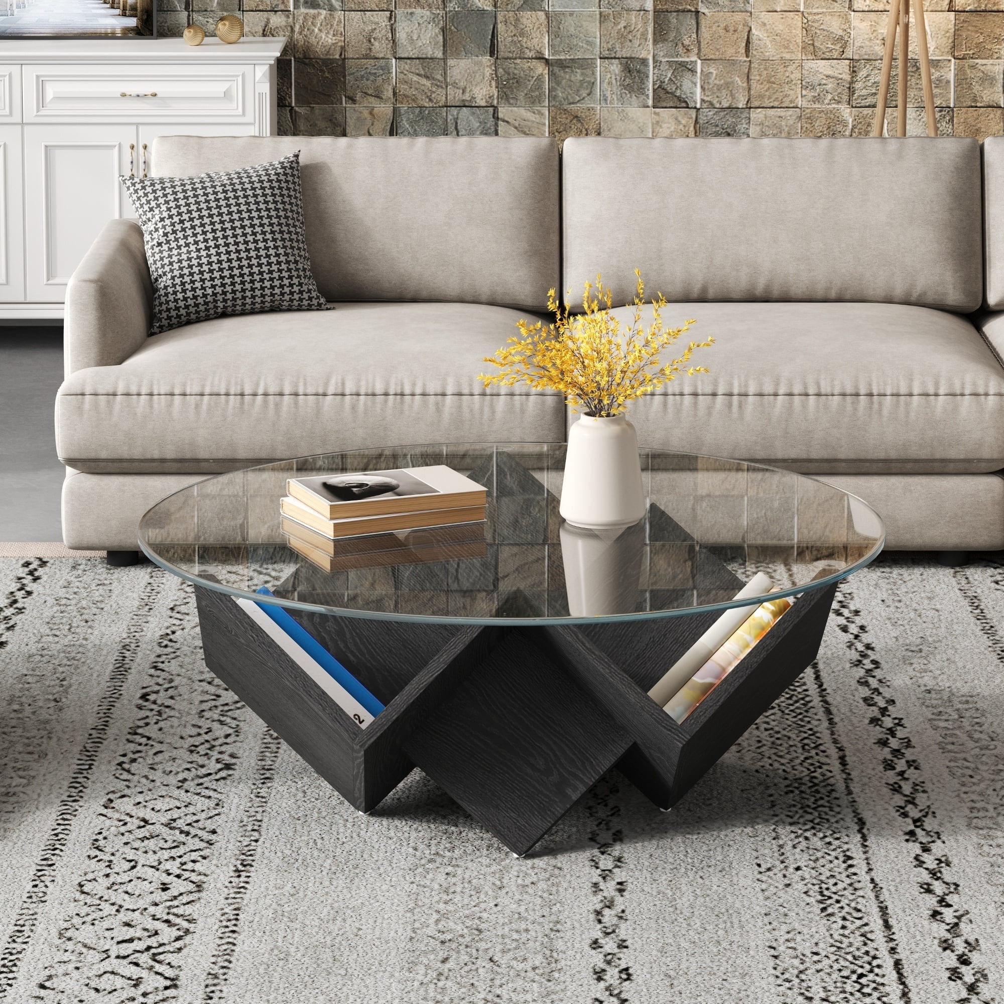 35.4" Round Coffee Table with Tempered Glass Top, Geometric Design Accent End Table with Abstract Art Deco Storage Shelves Base