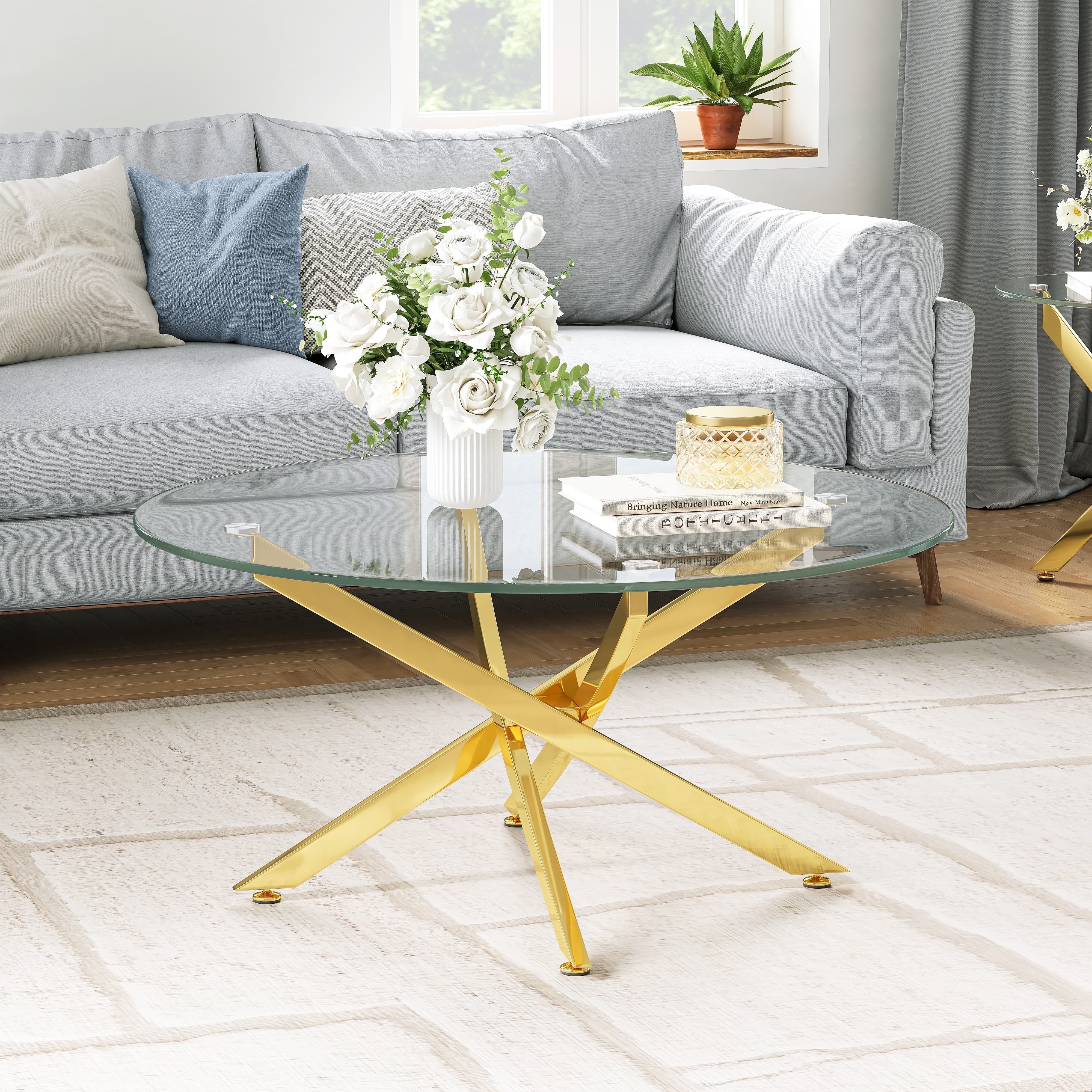 35" Round Glass Coffee Table, 0.39" Tempered Glass Top and Polished Stainless Steel Cross Legs, Modern Style for Living Room, Lounge
