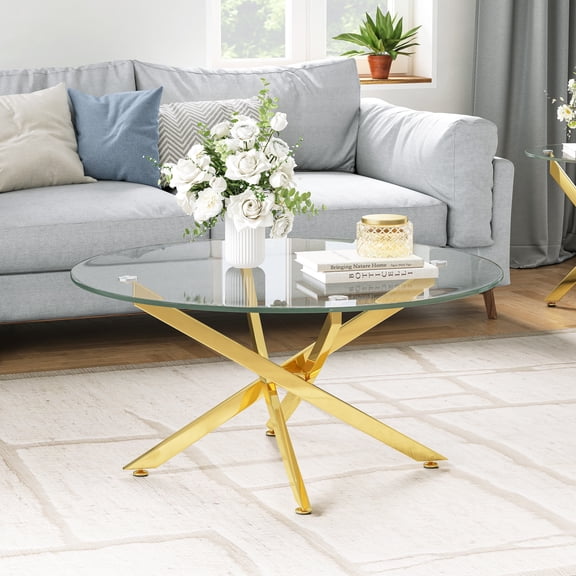 35" Round Glass Coffee Table, 0.39" Tempered Glass Top and Polished Stainless Steel Cross Legs, Modern Style for Living Room, Lounge