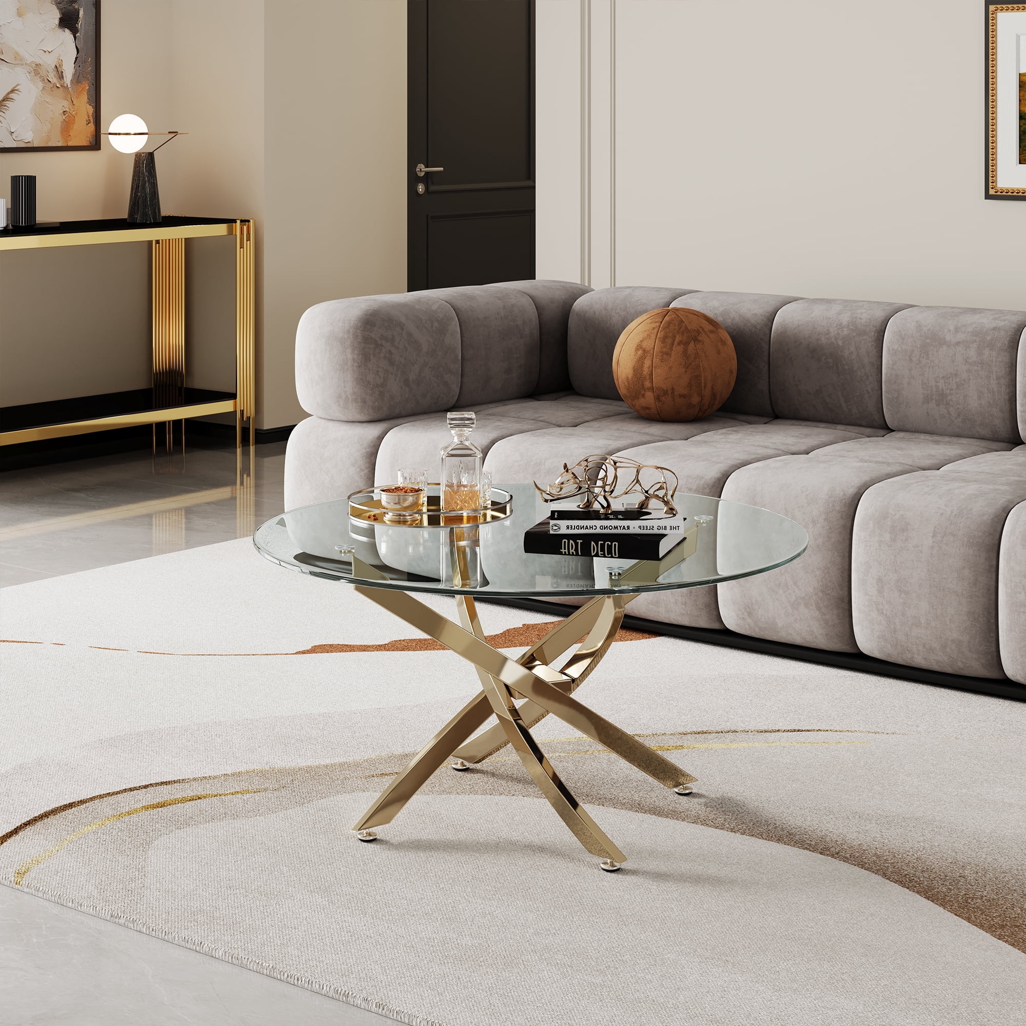 35.4" Round Glass Coffee Table, Modern Living Room Table with Tempered ...