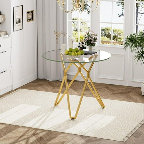 35.4" Round Glass Dining Table for 2-4 People, Small Space Tempered Glass Tabletop with Gold Metal Legs, Modern Kitchen Table for Dining Room, Living Room, Office