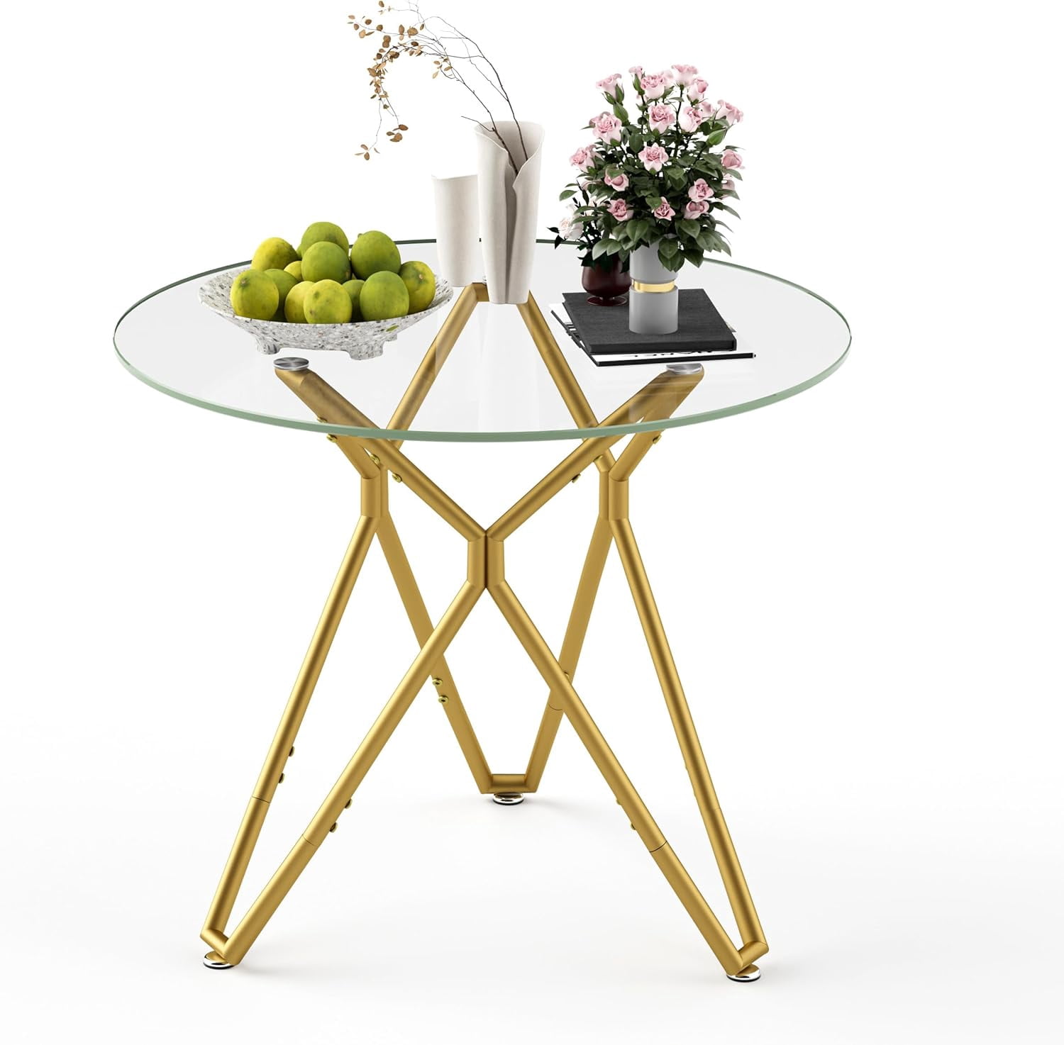35.4" Round Glass Dining Table for 4, Modern Clear Tempered Glass ...