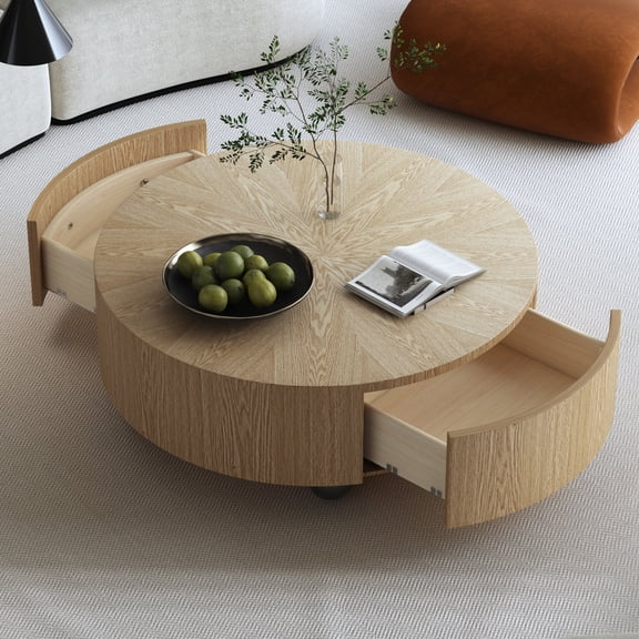 35" Round Coffee Table with Ash Veneer & 2 Drawers, Storage Table for Living Room