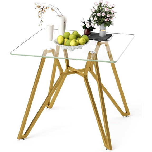 35.4" Square Glass Dining Table for 4, Modern Clear Tempered Glass Kitchen Table with Gold Metal Legs, Compact Small Square Dining Room Leisure Tables for Home Office Kitchen