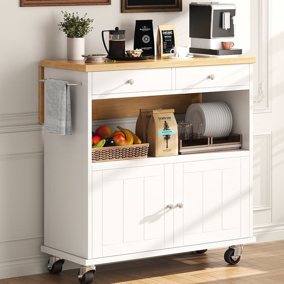 35.4'' W Rolling Kitchen Island with Folding Drop Leaf Breakfast Bar, Mobile Kitchen Cart with Storage Cabinet and 2 Drawers, Portable Island Table with Towel Rack & Lockable Wheels, White