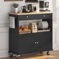 thumbnail image 1 of 35.4'' W Rolling Kitchen Island with Storage Cabinet, Portable Mobile Island Table with 2 Drawers, Wood Top Kitchen Cart with Towel Rack & Lockable Wheels, Black, 1 of 10