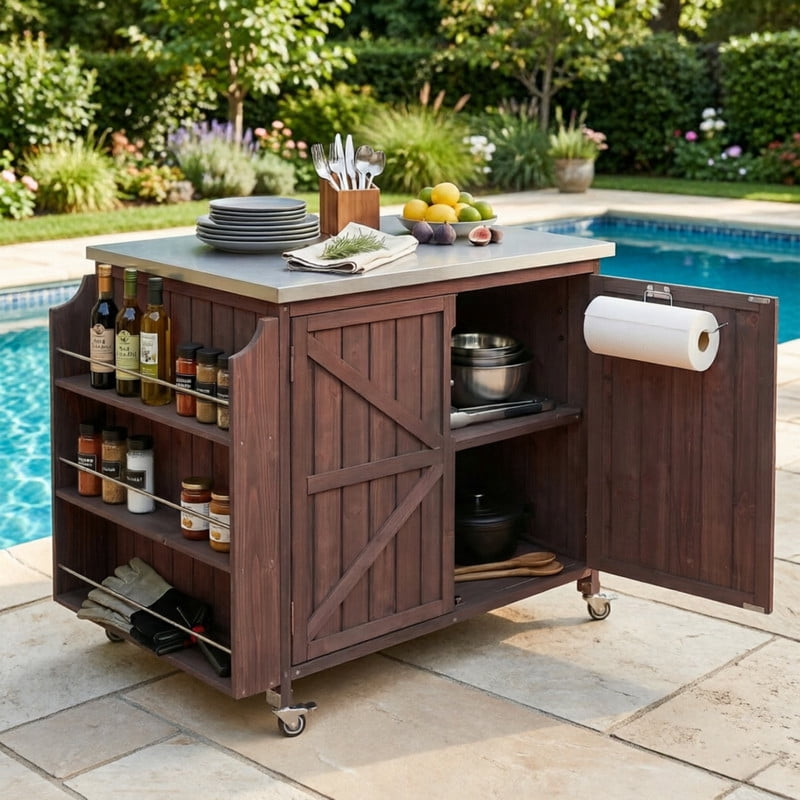 35.4''W Stainless Top Outdoor Rolling Kitchen Storage Island with Side Racks, Outdoor Grill Serving Cart with Cabinet & Adjustable Shelf