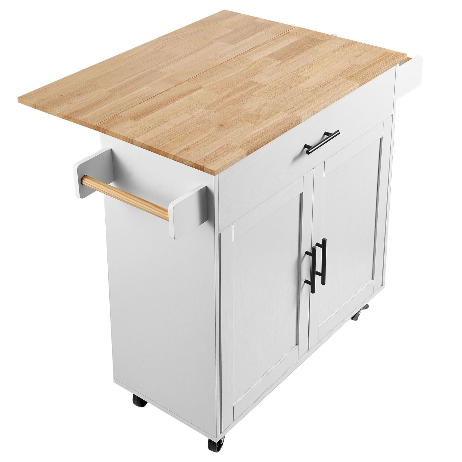 35.4" White Kitchen Island Cart with Solid Wood Top, Storage Cabinet, Drawer, Spice & Towel Rack, Drop Leaf and Wheels, Mobile Rolling Kitchen Cart Table