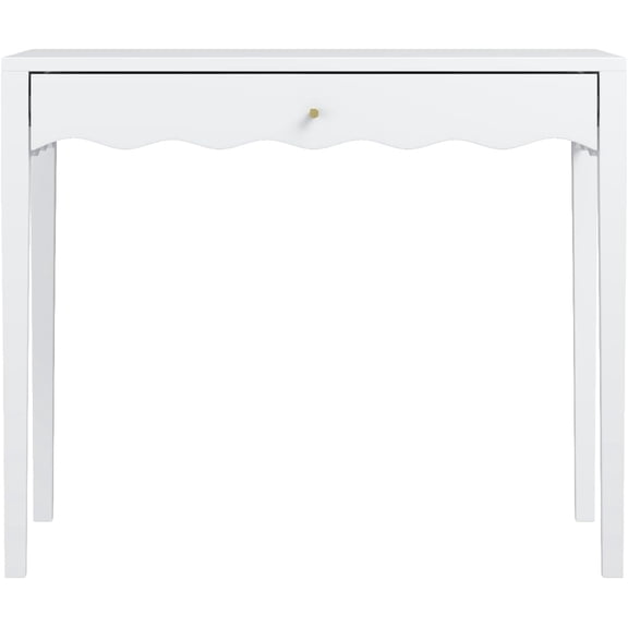 35.4" White Vanity Desk No Mirror with Drawer, Modern Makeup Table with Scalloped Front & Gold Knob, Compact Writing Desk for Bedroom, Small Home Office, Apartment