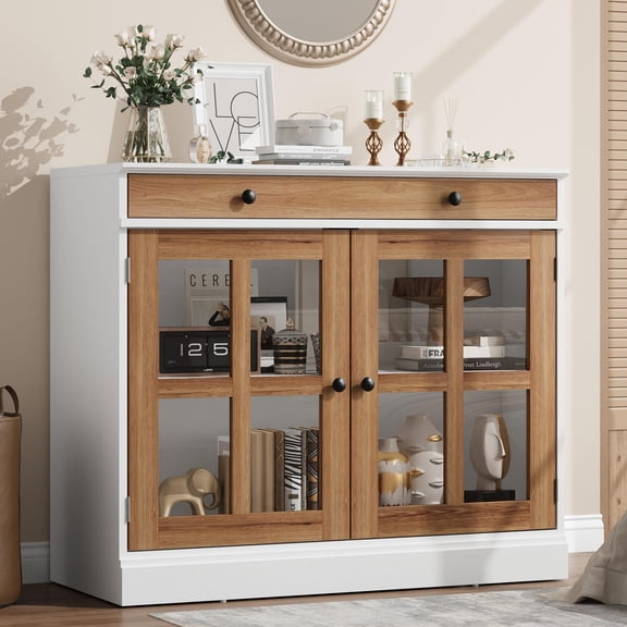 35.4" Wide 2 Glass Door Buffet Sideboard with a Storage Drawer & Adjustable Shelves for Living Room