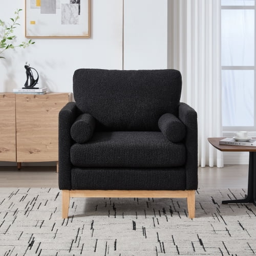 Gewnee 35.4 "Wide Modern  Chair , Wood Base Reading Armchair Single Sofa with Two Bolster Pillows for Living Room offices and Lounge, Black Boucle