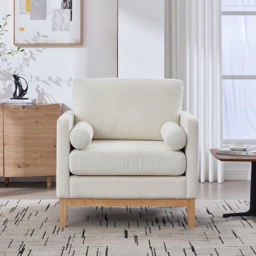 35.4 "Wide Modern Farmhouse Performance Accent Chair with Natural Wood Legs, Wood Base Reading Armchair Single Sofa with Two Bolster Pillows for Living Room offices and Lounge, Ivory Boucle.