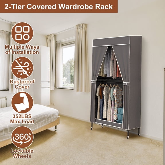 35.4"Wx17.1"Dx72.4H Heavy Duty Rolling Garment Rack with Cover Clothing Rack for Hanging Clothes Portable Closets with 2 Tier Double Rods