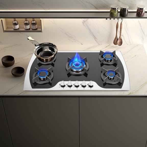 35.4-inch 5-Burner Built-in Gas Cooktop, 3.0kW Powerful Burner & Simmer Burner, Tempered Glass with Cast Iron Grates, Dual Fuel (Natural Gas/LPG) Conversion Kit Included