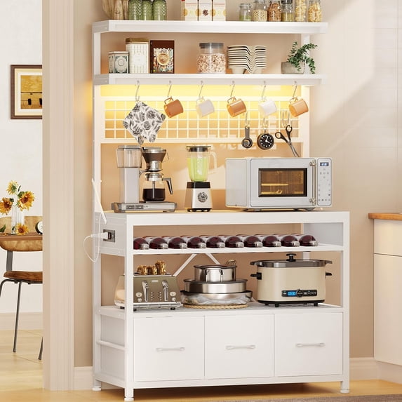 35.4 inch Bakers Rack with Storage, Power Outlet and LED Lights, Coffee Bar Cabinet, Microwave Stand Kitchen Cabinet