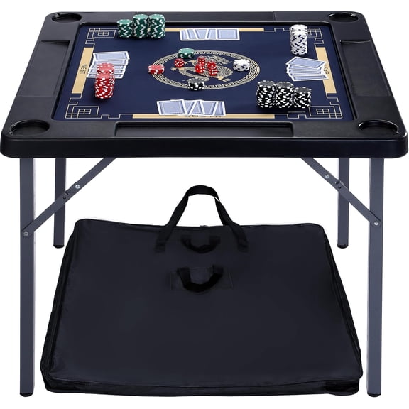 35.4 inch Folding Game Table w/ Double Sided Mat, HDPE Square Board Game Table for Mahjong, Poker, Cards, 4 Cup Holders & Chip Trays